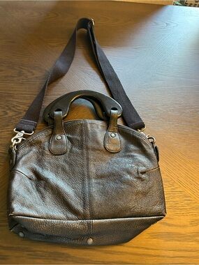 We The Free Black Leather Crossbody Bag with Strap and Wood Handles